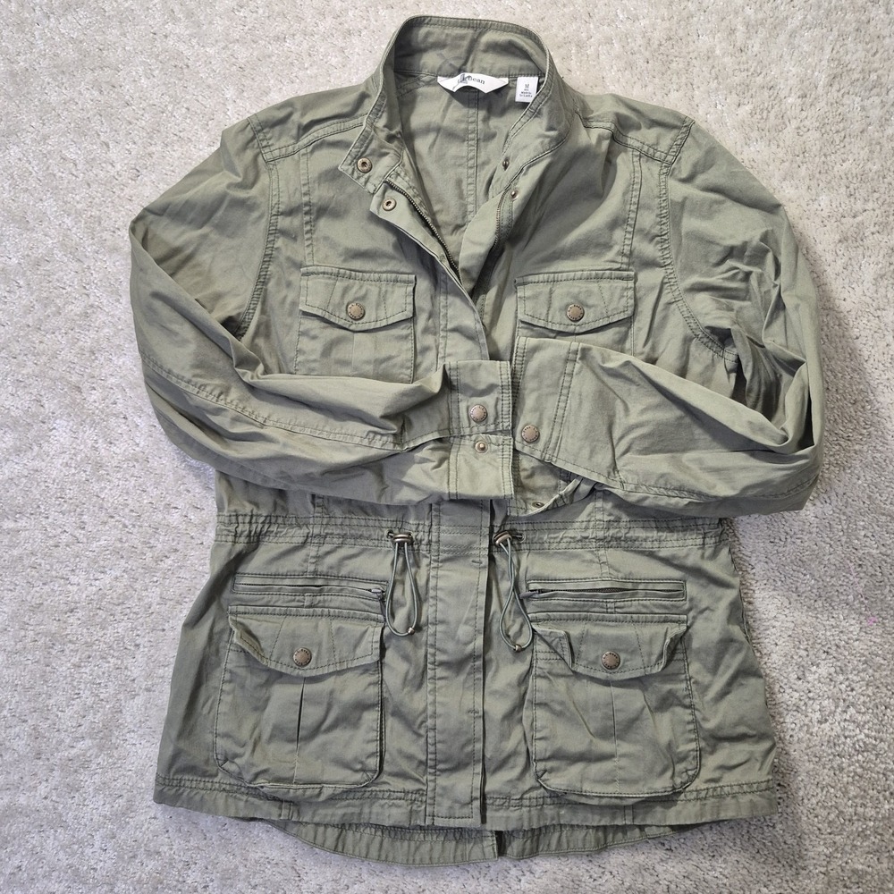 LL Bean Utilty Jacket Womens Medium Green Cotton Zip Pockets Military Workwear - Picture 2 of 9